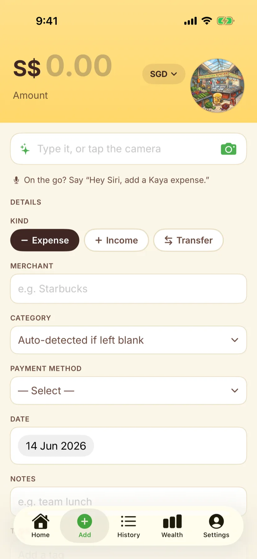 The Kaya app Add screen with a natural-language capture bar and Siri hint