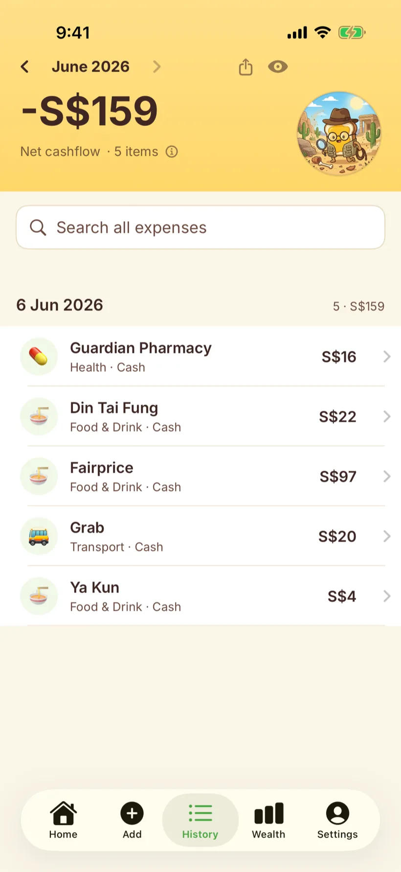 The Kaya app History screen listing recent expenses with categories and amounts