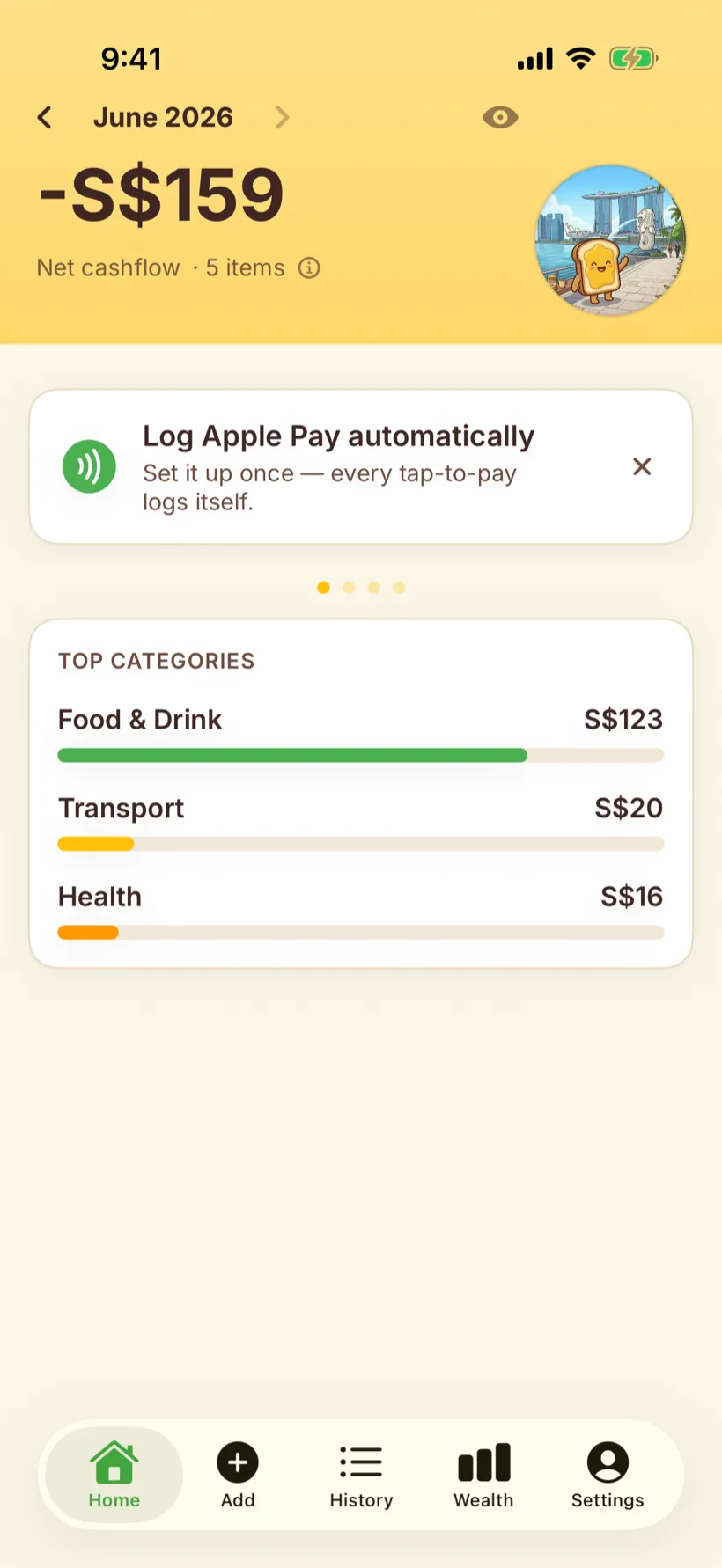 The Kaya app Home screen showing this month's net cashflow and top spending categories