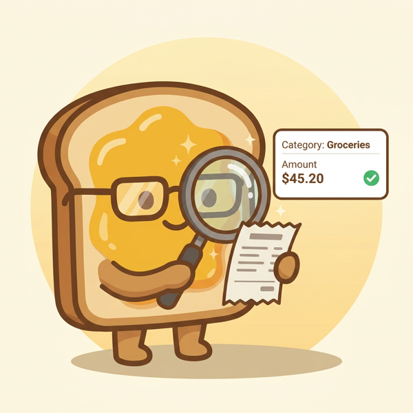 Kaya mascot reading a receipt through a magnifying glass